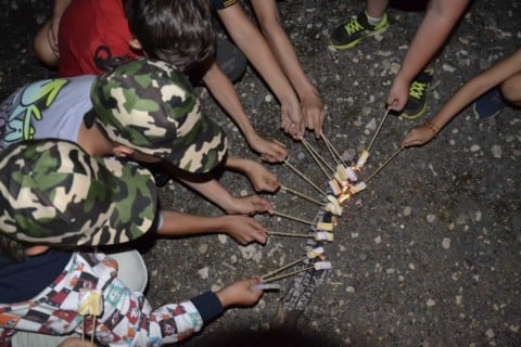 Copii făcând nalbă dulce în aer liber, seara
