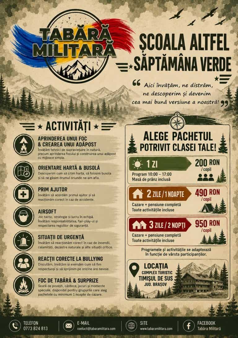 Școala Altfel și Săptămâna Verde în Tabăra Militară — activități și pachete la Timișul de Sus.